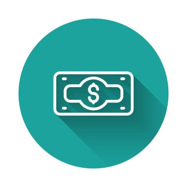 Beyaz çizgi kağıt para yığını uzun gölgeli izole nakit ikonu. Para desteleri. Para birimi. Yeşil daire düğmesi. Vektör
