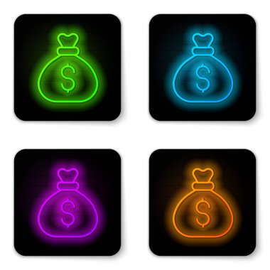 Parlayan neon hattı Para Çantası simgesi beyaz arkaplanda izole edildi. Dolar ya da USD sembolü. Nakit bankacılık tabelası. Siyah kare düğme. Vektör