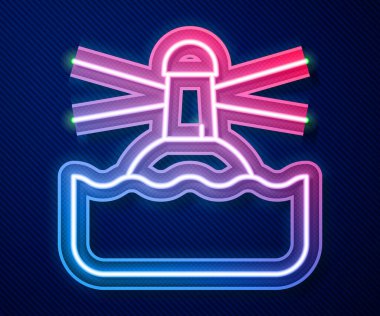 Parlayan neon hattı deniz feneri simgesi mavi arkaplanda izole edildi. Vektör