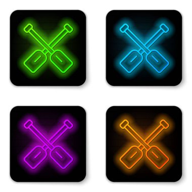 Parlayan neon hattı Paddle simgesi beyaz arkaplanda izole edildi. Kürek çekin. Siyah kare düğme. Vektör