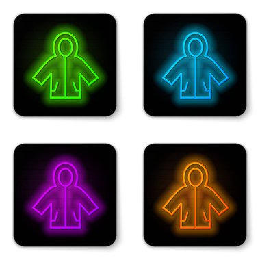 Parlayan neon renkli yağmurluk simgesi beyaz arkaplanda izole edildi. Siyah kare düğme. Vektör
