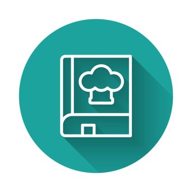 Beyaz çizgi yemek kitabı simgesi uzun gölge arkaplanı ile izole edildi. Yemek kitabı ikonu. Yemek tarifi kitabı. Çatal ve bıçak ikonları. Çatal bıçak sembolü. Yeşil daire düğmesi. Vektör