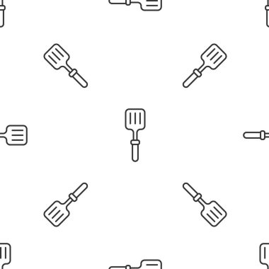 Gri çizgi barbekü spatula ikonu beyaz arka planda izole edilmiş kusursuz desen. Mutfak spatula ikonu. Barbekü spatula işareti. Barbekü ve ızgara aleti. Vektör