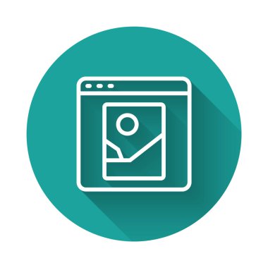 Beyaz çizgi Fotoğraf rötuşlama simgesi uzun gölge arkaplan izole. Fotoğrafçı, fotoğrafçılık, rötuş ikonu. Yeşil daire düğmesi. Vektör