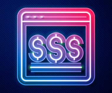 Parlayan neon hattı mavi arkaplanda izole edilmiş ekran simgesinden online alışveriş. Konsept e-ticaret, e-ticaret, online iş pazarlama. Vektör