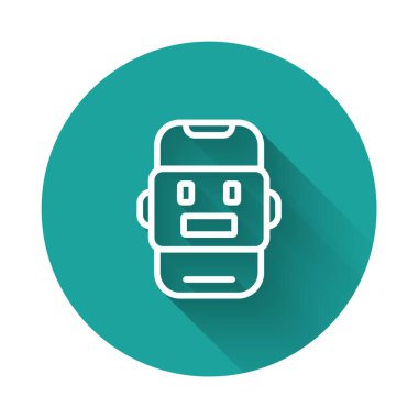 Beyaz çizgi Sohbet robotu simgesi uzun gölge arkaplanı ile izole edildi. Chatbot simgesi. Yeşil daire düğmesi. Vektör