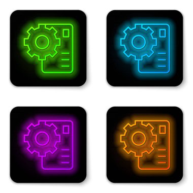 Parlayan neon hattı sinirsel ağ simgesi beyaz arkaplanda izole edildi. Yapay zeka yapay zekası. Siyah kare düğme. Vektör