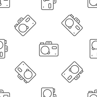 Gri çizgi fotoğraf makinesi ikonu beyaz arka planda kusursuz desen izole etti. Foto kamera. Dijital fotoğrafçılık. Vektör