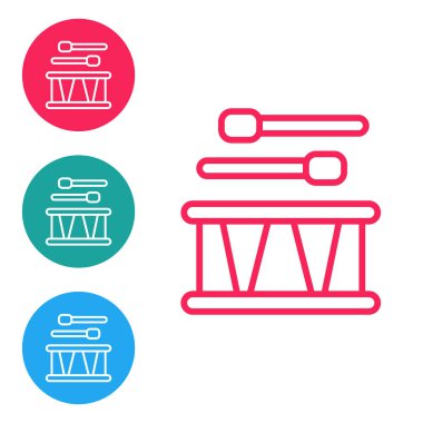 Kırmızı çizgili davul çubukları simgesi beyaz arkaplanda izole edilmiş. Müzik işareti. Müzik aleti sembolü. Simgeleri daire düğmelerine ayır. Vektör