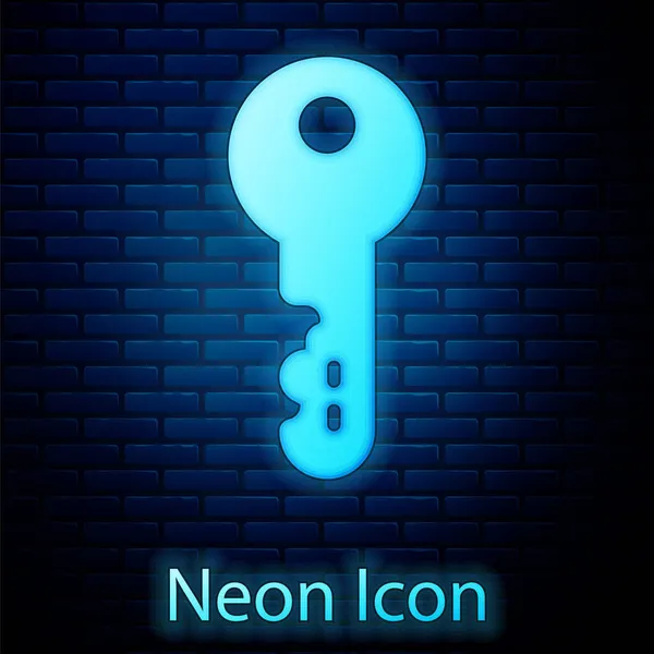 Brilhante ícone da chave da casa neon isolado no fundo da parede de tijolo. Vetor — Vetor de Stock
