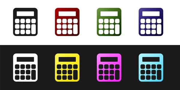 Definir ícone Calculadora isolado no fundo preto e branco. Símbolo contabilístico. Cálculos de negócios educação matemática e finanças. Vetor —  Vetores de Stock