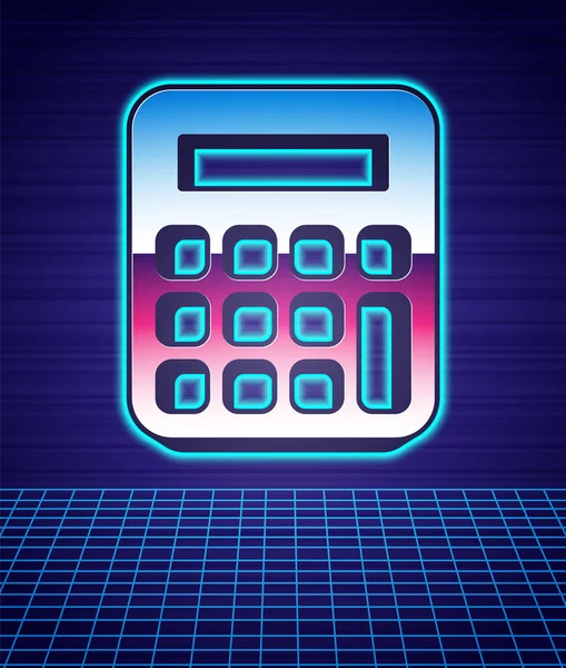 Иконка калькулятора в стиле ретро изолирована от футуристического пейзажа. Символ бухгалтерии. Математические расчеты, образование и финансы. Вечеринка мод 80-х. Вектор — стоковый вектор
