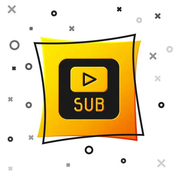 Video negro con icono de subtítulos aislado sobre fondo blanco. Botón cuadrado amarillo. Vector — Archivo Imágenes Vectoriales
