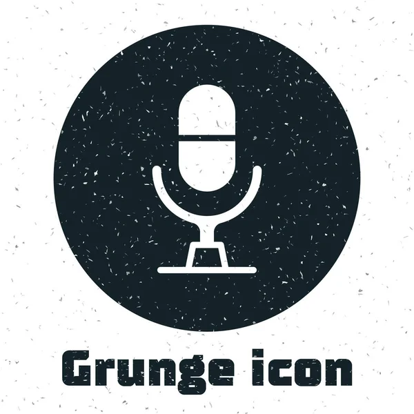 Icono del dispositivo de voz Grunge Microphone aislado sobre fondo blanco. Intérprete de micrófono y letras del alfabeto. Dibujo vintage monocromo. Vector — Vector de stock