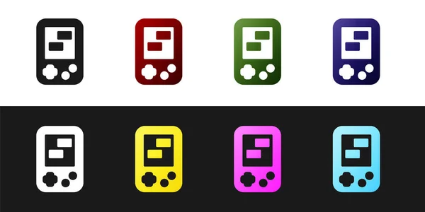 Állítsa be a hordozható tetris elektronikus játék ikon elszigetelt fekete-fehér alapon. Vintage stílusú zsebtégla játék. Interaktív játékeszköz. Vektor — Stock Vector