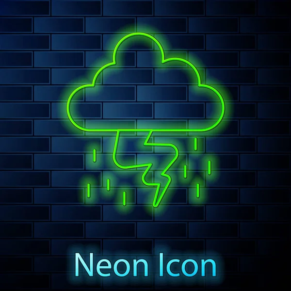 Gloeiende neon lijn Storm pictogram geïsoleerd op baksteen muur achtergrond. Wolk en bliksem. Weersicoon van storm. Vector — Stockvector