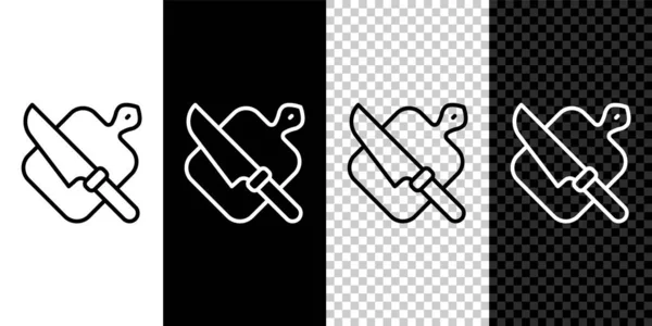 Set line Vágódeszka és kés ikon elszigetelt fekete-fehér, átlátszó háttér. Vágódeszka szimbólum. Evőeszköz szimbólum. Vektor — Stock Vector