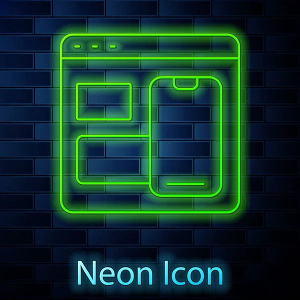 Glowing neon line Software, web developer codice di programmazione icona isolato su sfondo muro di mattoni. Javascript script del computer parti casuali del codice del programma. Vettore — Vettoriale Stock