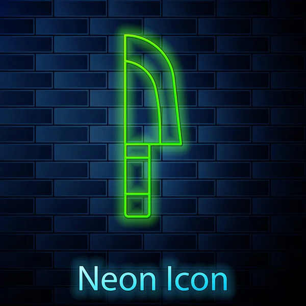 Leuchtende Neon-Linie Messer-Symbol isoliert auf Backsteinwand Hintergrund. Bestecksymbol vorhanden. Vektor — Stockvektor