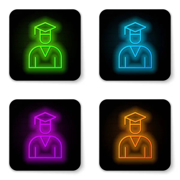 Linha de néon brilhante ícone de boné de graduação e graduação isolado no fundo branco. Botão quadrado preto. Vetor —  Vetores de Stock