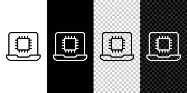 Establecer línea Procesador de computadora con microcircuitos icono de la CPU aislado en blanco y negro, fondo transparente. Chip o cpu con placa de circuito. Micro procesador. Vector — Vector de stock