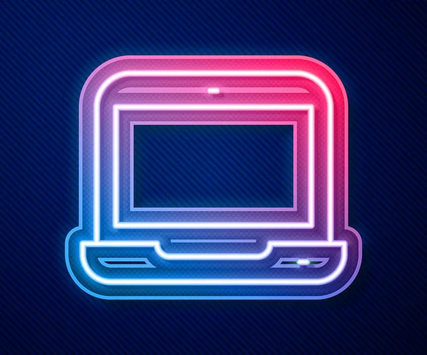 Icono brillante de la computadora portátil de línea de neón aislado sobre fondo azul. Computadora portátil con pantalla vacía. Vector — Vector de stock