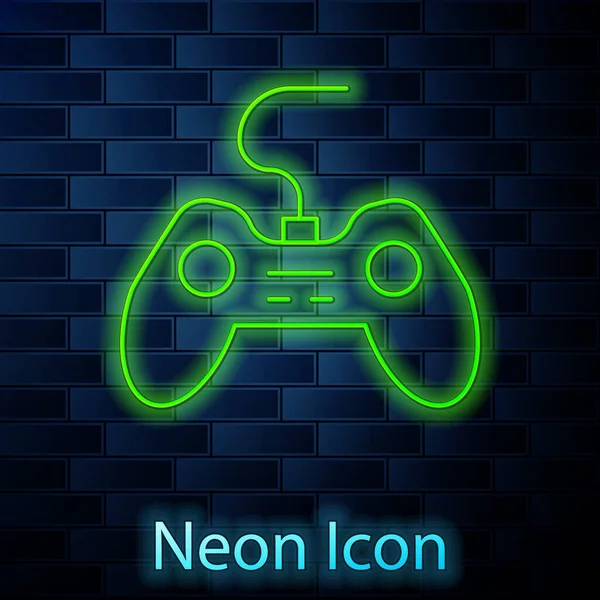 Glowing neon line Gamepad icon isolated on brick wall background. Game controller. Vector — Stock Vector