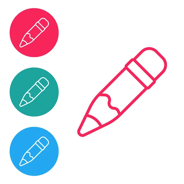 Röd linje penna med suddgummi ikon isolerad på vit bakgrund. Ritnings- och utbildningsverktyg. Skolans kontorssymbol. Ställ ikoner i cirkelknapparna. Vektor — Stock vektor