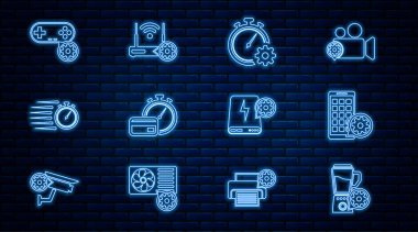 Blender 'ı kase ayarı, Mobil Uygulamalar, Zaman Yönetimi, Hızlı Ödemeler, Stopwatch, Gamepad, Power Bank ve Router ve Wi-Fi ikonu ile ayarla. Vektör