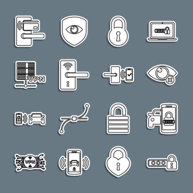 Hat parola koruması, akıllı araba güvenlik sistemi, görünmez gizlenme, kilit, kablosuz dijital kapı kilidi, sunucu VPN, ve simge. Vektör