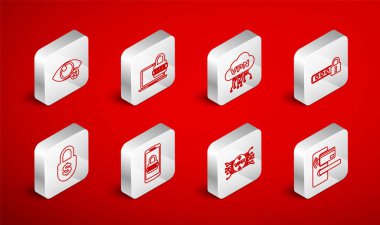 Hat dijital kapı kilidini kablosuz, dizüstü bilgisayar şifresi, Bulut VPN arayüzü, Parola koruması, mikroçip devresi, görünmezlik derisi, mobil ve para simgesi ile ayarla. Vektör