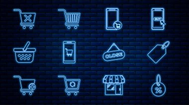Satır İndirim yüzde etiketi, etiket fiyatı, mobil ve alışveriş arabası, alışveriş sepeti, kaldır, kapat ve simgeyle asma işareti ayarla. Vektör