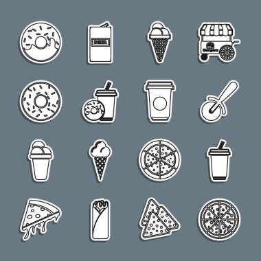 Pizza, su, bıçak, waffle külahında dondurma, gazoz, çörek ve kahve fincanı ikonu. Vektör