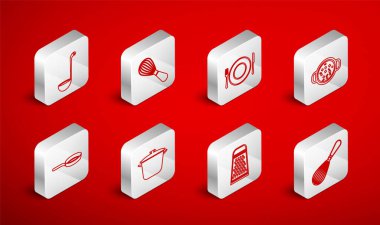 Mutfak çırpıcı, tabak, çatal ve bıçak, tencerede çorba pişirme, öğütücü, kepçe ve kızartma tavası ikonu. Vektör