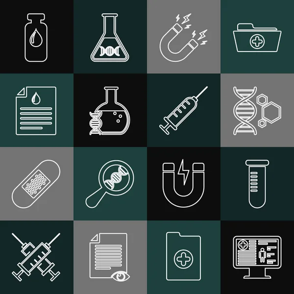 Σετ γραμμή Κλινική εγγραφή στην οθόνη, φιάλη δοκιμαστικό σωλήνα, γενετική μηχανική, Μαγνήτης με κεραυνό, έρευνα DNA, αναζήτηση, Πρόχειρο εξέταση αίματος, Ιατρικό φιαλίδιο, αμπούλα και το εικονίδιο της σύριγγας. Διάνυσμα — Διανυσματικό Αρχείο