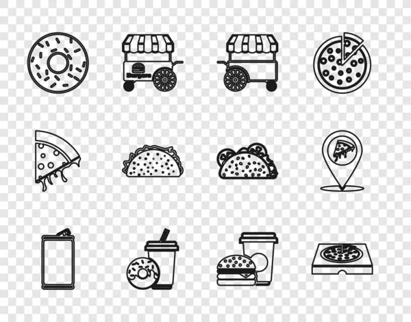 Set line Aluminium blikje, Pizza kartonnen doos, Fast street food karretje, Soda drank met donut, Donut, Taco tortilla, Koffie en burger en Locatie plak pizza icoon. Vector — Stockvector