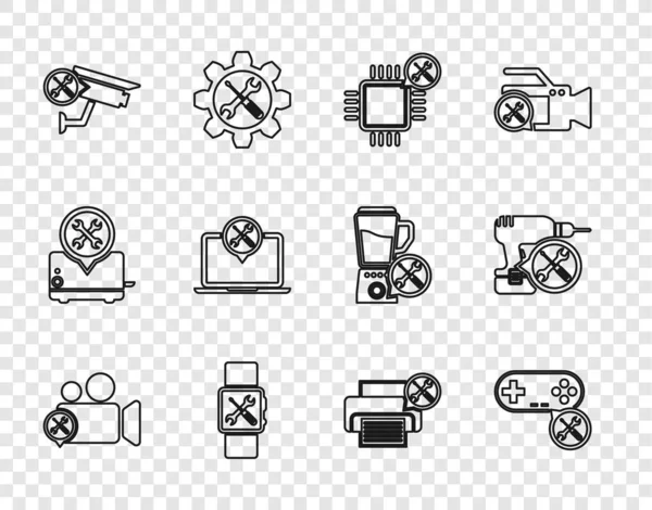 Ustaw linię Usługa kamery wideo, Gamepad, Procesor, Smartwatch, Bezpieczeństwo, Laptop, Drukarka i wiertarka ikona maszyny. Wektor — Wektor stockowy