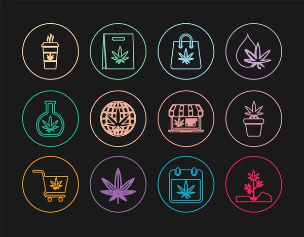 Set line Sázení marihuana, marihuana květináč, Nákupní taška, Legalizovat, Test trubice s, Cup káva, Online nákup a ikona. Vektor — Stockový vektor