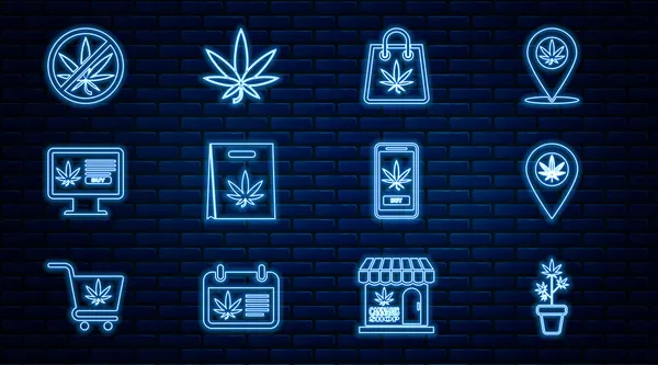 Ställ in linje Marijuana växt i potten, Plats och marijuana, Shopping väska, Online köp, Stopp, och eller cannabis blad ikon. Vektor — Stock vektor