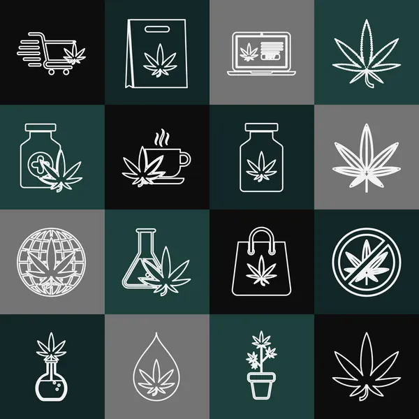 Définir la ligne Marijuana ou feuille de cannabis, Stop marijuana, achat en ligne, tasse de thé avec, bouteille médicale, panier et icône. Vecteur — Image vectorielle