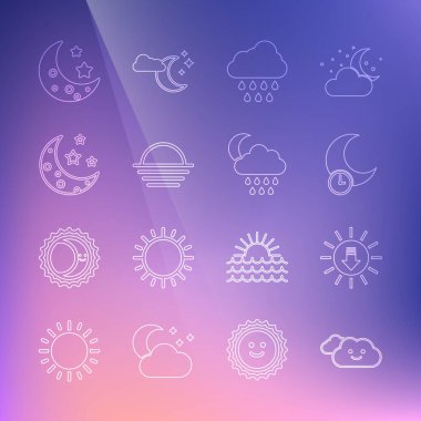 Bulut, Günbatımı, Uyuyan Ay, yağmur, ay, yıldızlar ve ikon. Vektör