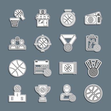 Set çizgisi basketbol, madalya, planlama stratejisi basketbol, oyuncular ve ikonlu Stopwatch. Vektör