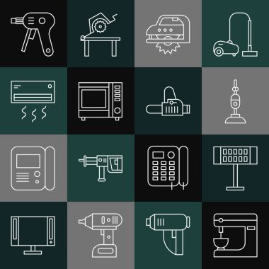 Elektrik karıştırıcı, ısıtıcı, elektrikli süpürge, elektrikli testere, mikrodalga fırın, klima, sıcak tutkal tabancası ve elektrikli testere ikonu. Vektör