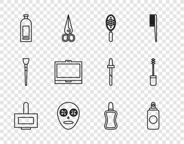 Tırnak cilası şişesi, sprey boya kutusu, saç fırçası, yüz estetik maskesi, şampuan şişesi aynalı makyaj tozu ve Mascara ikonu. Vektör