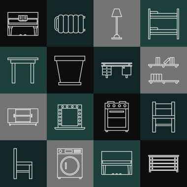 Çekmece sandığı, sandalye, kitaplı raf, lamba, saksı, ahşap masa, büyük piyano ve ofis masa simgesi. Vektör
