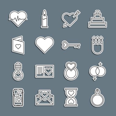 Elmas nişan yüzüğü, cinsiyet, titreme ve kalp, aşk, kalp, sevgililer günü broşürü, fiyat ve anahtar şekilli oklar. Vektör