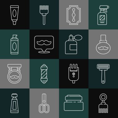 Saç fırçası, tıraş bıçağı, sakal ve bıyık bakım yağı şişesi, Blade, berber dükkanı, jöle köpüğü, krem losyon kozmetik tüp ve atomizer ikonlu tıraş losyonu. Vektör