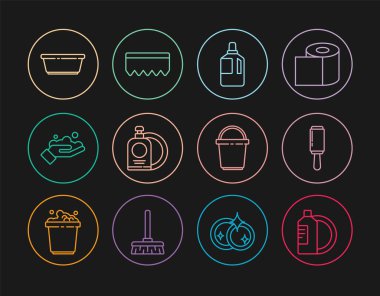 Bulaşık deterjanı şişesi ve tabağı, yapışkan silindiri, kumaş yumuşatıcısı, sabunla el yıkama, plastik leğeni, kova ve sünger köpüğü ikonu. Vektör
