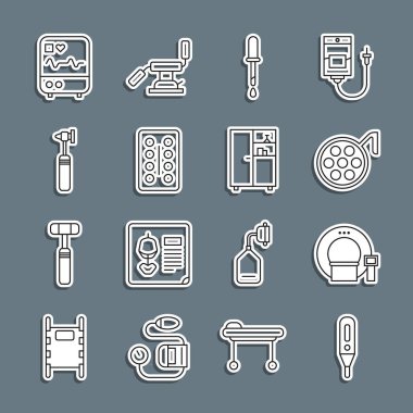 Tıbbi termometre, tomografi, ameliyat lambası, Pipette, su toplayan haplar, otoskop aleti, kardiyogramlı monitör ve ecza dolabı ikonu. Vektör