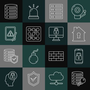 Satır Sunucu güvenliğini anahtar, mobil asma kilit, Ev koruma altında, Sunucu, Veri, Web sunucu, Grafik parola, Tablet ünlem işareti ve Bilgisayar İzleme simgesini kilitle. Vektör